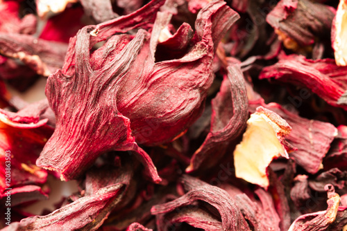 Petals of hibiscus tea macro shot . Source of vitamins and antioxidants photo