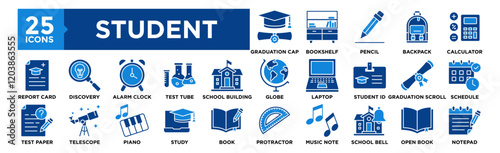 Student icon collection set. Containing design Bookshelf, Graduation Cap, Pencil, Backpack, Calculator	