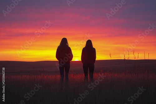 Friends enjoying a sunset together in an open field during evening hours