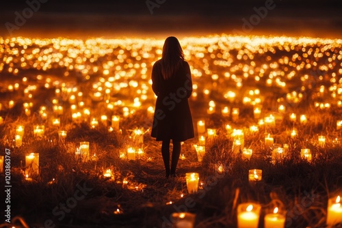 Woman gazes at a field of glowing lights during a magical evening event near ...