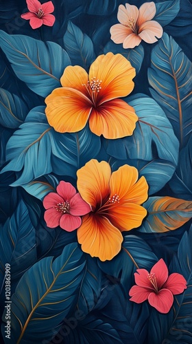 Brightly colored flowers and leaves create a vibrant botanical display on a d...