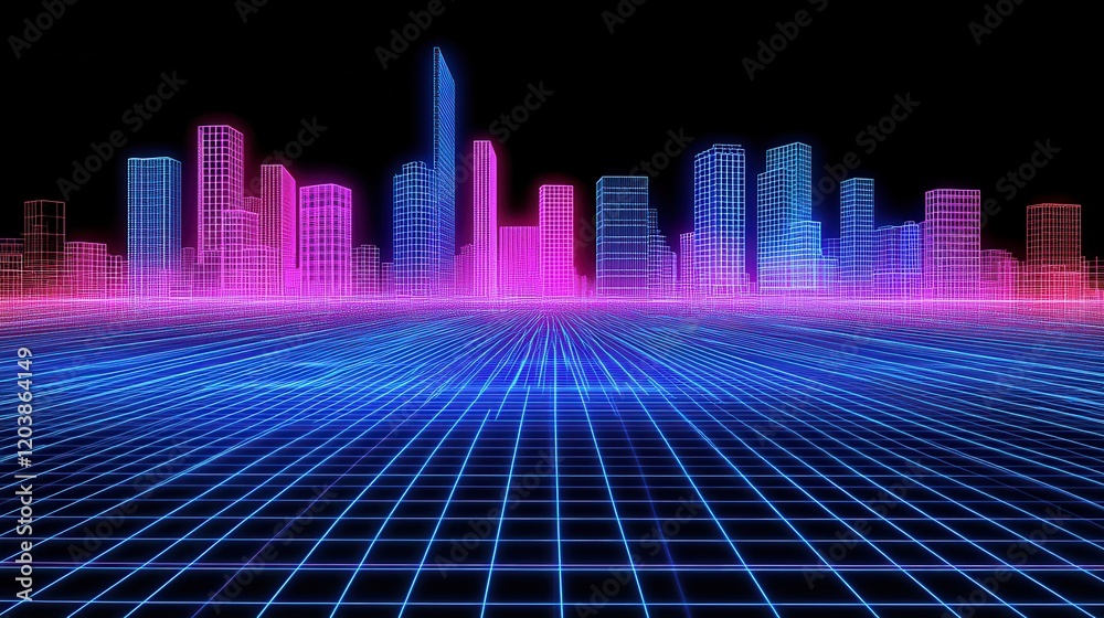Fototapeta premium Neon Cityscape Wireframe Digital Metropolis