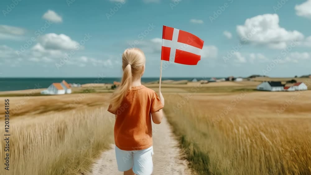 Slow motion: a little girl walks across a field with a Danish flag in her hands