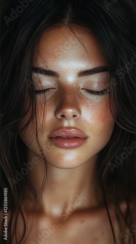Woman with closed eyes and natural beauty, showcasing freckles and soft light...
