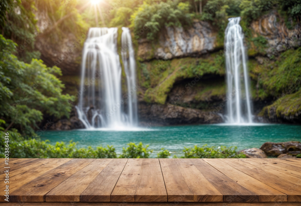 Fototapeta premium A serene scene of cascading waterfalls surrounded by lush greenery, with a wooden deck in the foreground, capturing the beauty and tranquility of a tropical paradise.