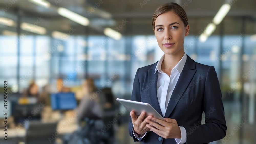 A photo of a professional businesswoman wearing a blazer and holding a tablet. She is standing confidently in a modern office with large glass windows. The background contains blurred office furniture A photo of a professional businesswoman wearing a blazer and holding a tablet. She is standing confidently in a modern office with large glass windows. The background contains blurred office furniture