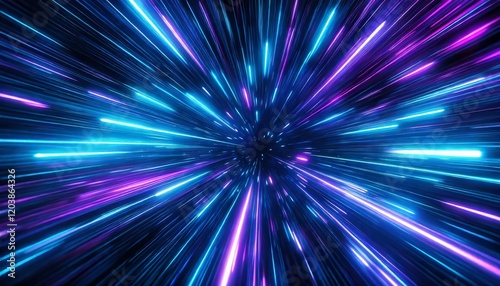 Abstract background in blue and purple neon glow colors on black. Speed tunnel of light in galaxy.