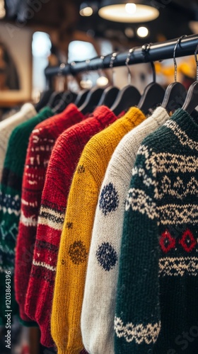 Colorful display of knitted sweaters in a retail shop during autumn season