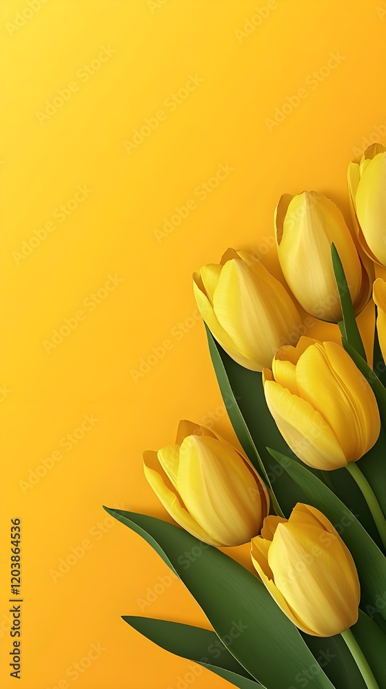 Vibrant Yellow Tulips with Fresh Green Leaves - Minimalistic Floral Composition
Vibrant Yellow Tulips with Fresh Green Leaves - Minimalistic Floral Composition