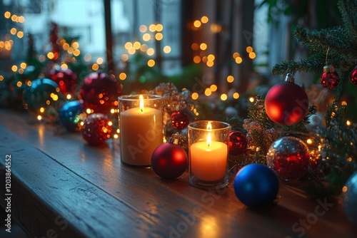 Warm holiday ambiance with candles and ornaments on a rustic wooden table