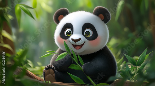 Cute panda bear sits and holds bamboo in his hands, a simple vector graphic clipart on a white background, without text
