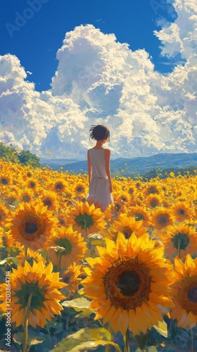 Young woman stands amidst a vast sunflower field under a bright blue sky