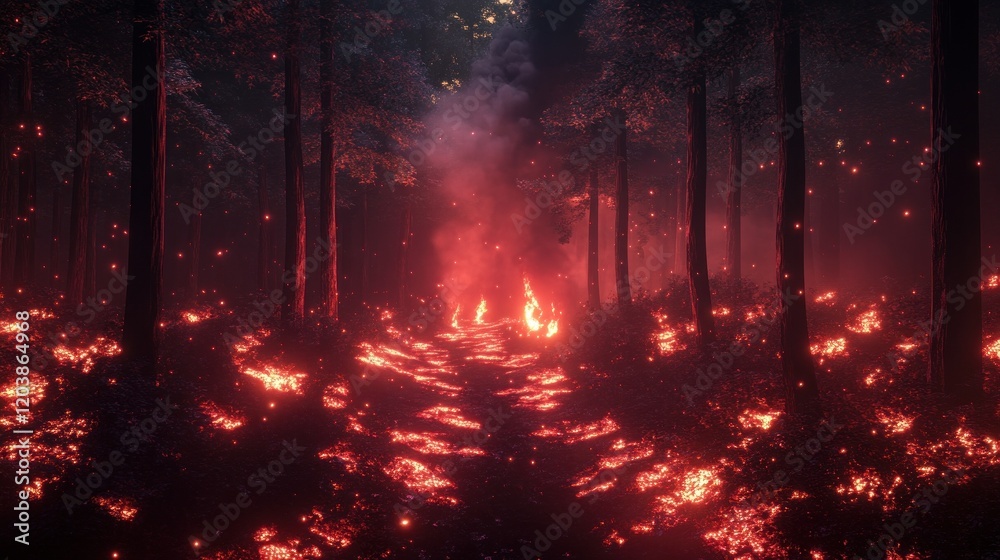 Naklejka premium Forest fire scene showing a path covered in flames surrounded by trees in the night