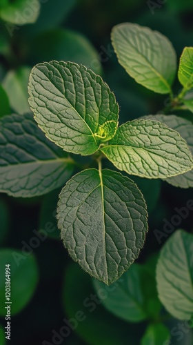 Lush green leaves with intricate texture in natural lighting creating a seren...