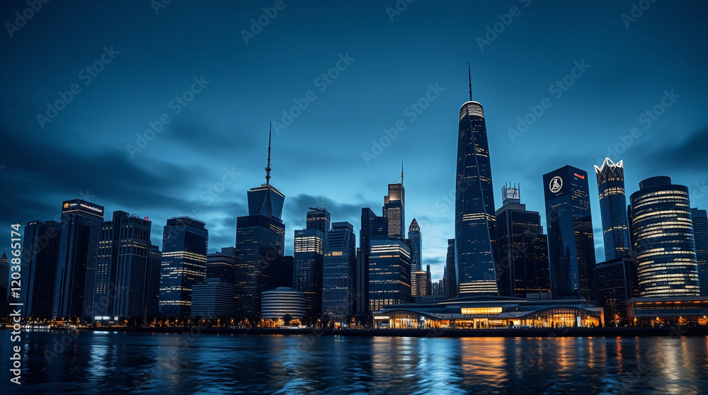 Obraz premium This panoramic photograph showcases the modern city skyline at dusk, with its vibrant lights reflected on the water, embodying the perfect blend of urban elegance and tranquil beauty.