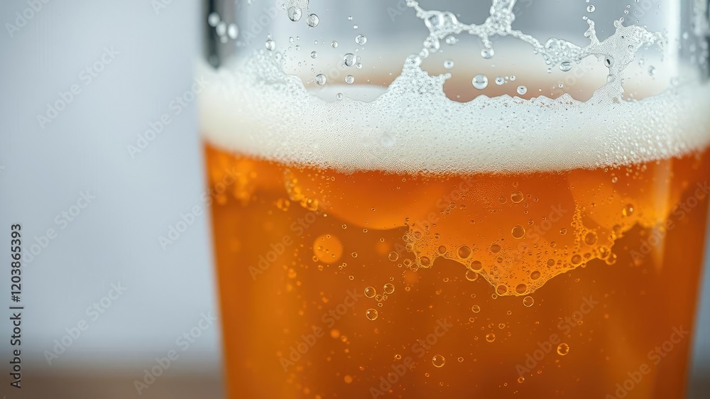 Close-up of beer in a clear glass with carbonation bubbles, bubbles rising, liquid surface, glassware Close-up of beer in a clear glass with carbonation bubbles, bubbles rising, liquid surface, glassware