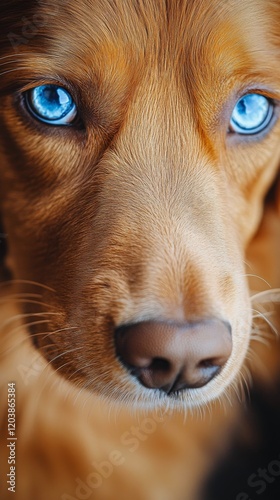 Close-up of a golden retriever showcasing its striking blue eye detail in nat...