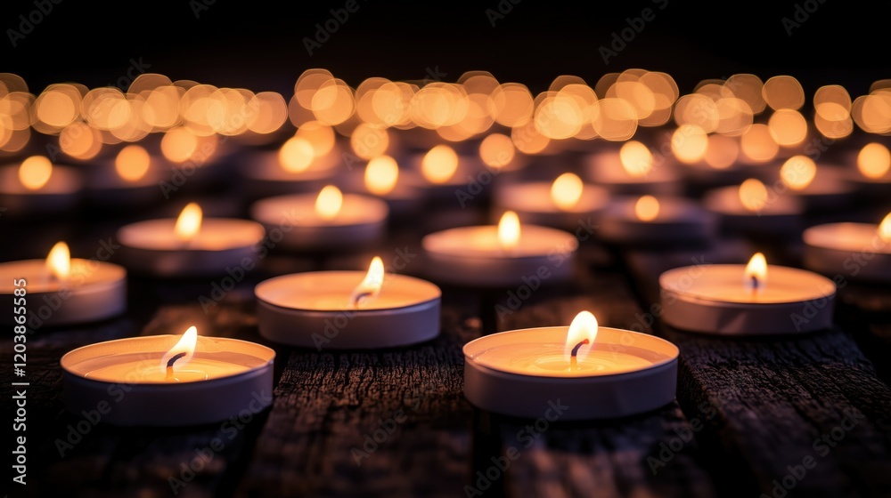 Many candle flames illuminate a dark space, creating a serene and warm atmosphere during a moment of reflection and peace Many candle flames illuminate a dark space, creating a serene and warm atmosphere during a moment of reflection and peace