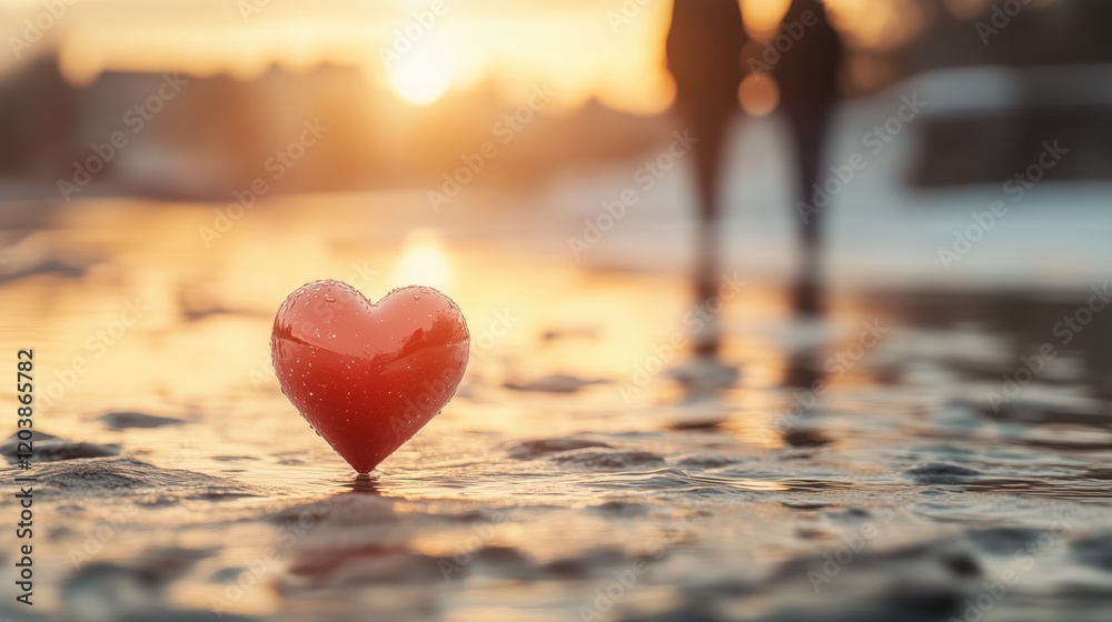 Fototapeta premium Romantic moment at sunset with heart decoration on wet surface near silhouettes of a couple walking