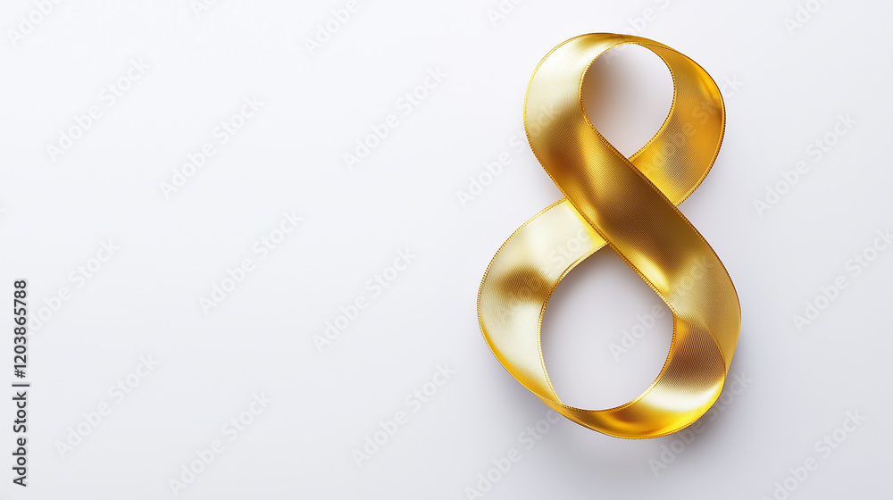 A clean white background with a golden ribbon curling into the shape of the number 8, international women's day A clean white background with a golden ribbon curling into the shape of the number 8, international women's day