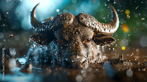 buffalo wallowing in mud, splashes of water creating dynamic scene photo