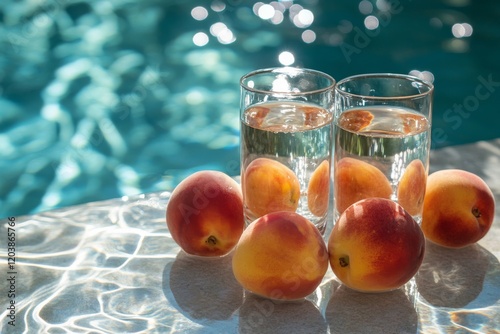 Refreshing summer scene with peaches and drinks in a sparkling pool setting