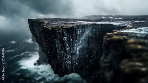 dramatic headland juts out over turbulent ocean waves, surrounded by mist. rugged cliff features dark rock and cascading water, creating powerful