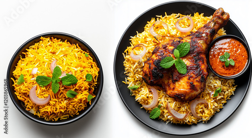 Biryani rice with grilled chicken thighs, spicy food photography, meat biryani, delicious biryani dishes, biryani dishes for iftar, Arabian biryani overhead view