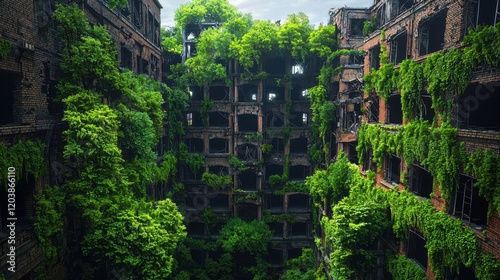 A post-apocalyptic world where nature has begun to take over abandoned urban buildings, with vines and trees growing among the ruins of a once-bustling city.