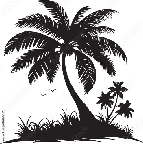 Palm tree silhouettes vector illustration black and white landscape, perfect for tropical decor design