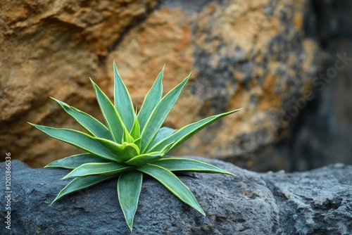 Fresh green plant growing on textured bark of tree in natural setting