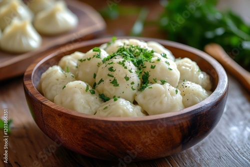 Delicious homemade dumplings served in a wooden bowl at a cozy restaurant set...