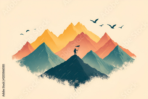 A layered design of mountain peaks in gradient colors, with a small silhouette of a hiker at the summit holding a flag.