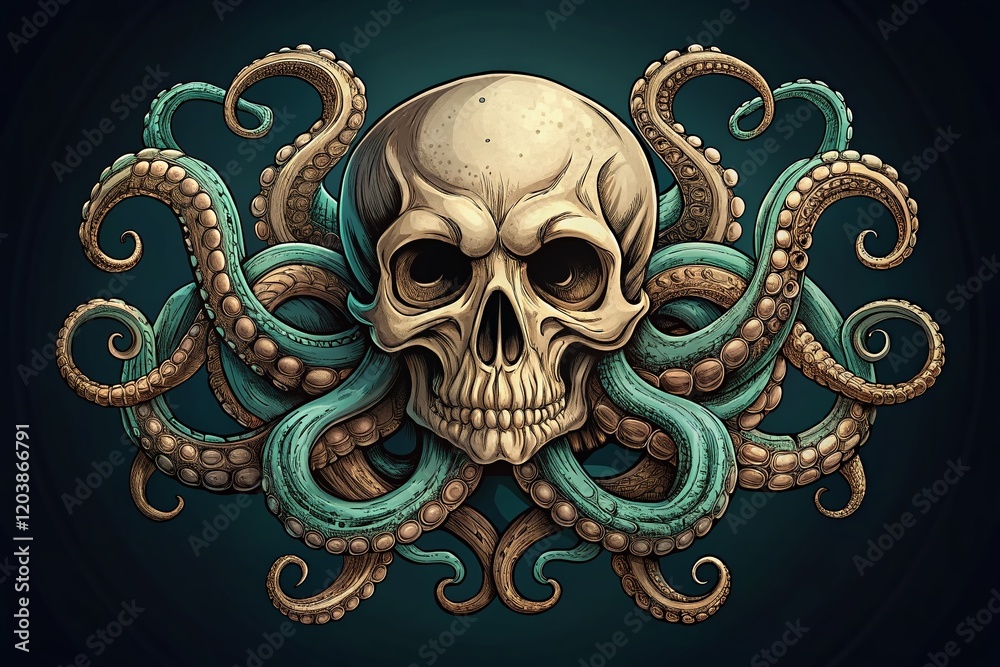 Minimalist Skull Kraken: Hand-Drawn Octopus Tentacles Embrace Skull Head