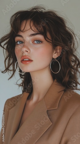 Captivating portrait of a young woman with long hair and natural makeup in a ...