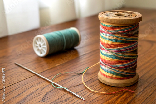 A spool of thread and a sewing needle