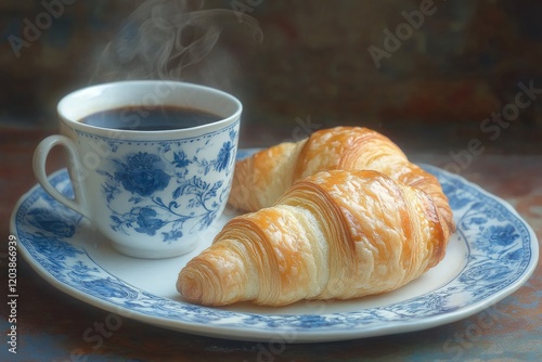 Croissants and coffee on a decorative plate with steam rising from the cup in...