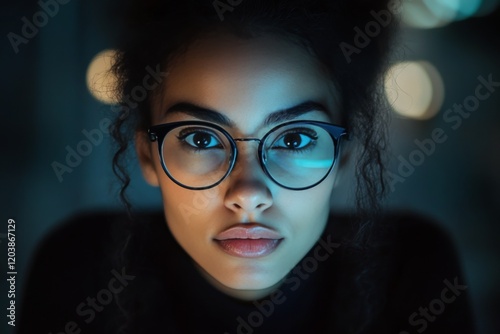 Young woman in glasses gazes intently with blue lighting at night in a cozy i...