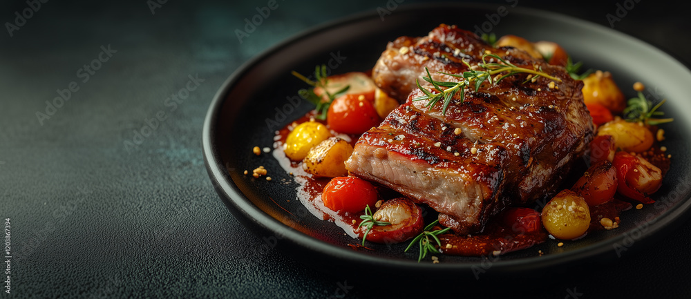 Fototapeta premium Grilled Steak Plating with Garnish and Vegetable Combination