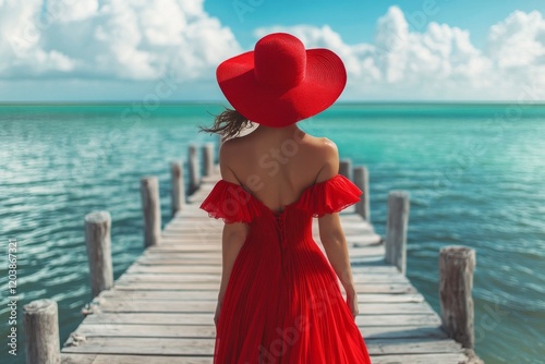 Woman in red dress and hat standing on wooden pier overlooking calm blue wate...