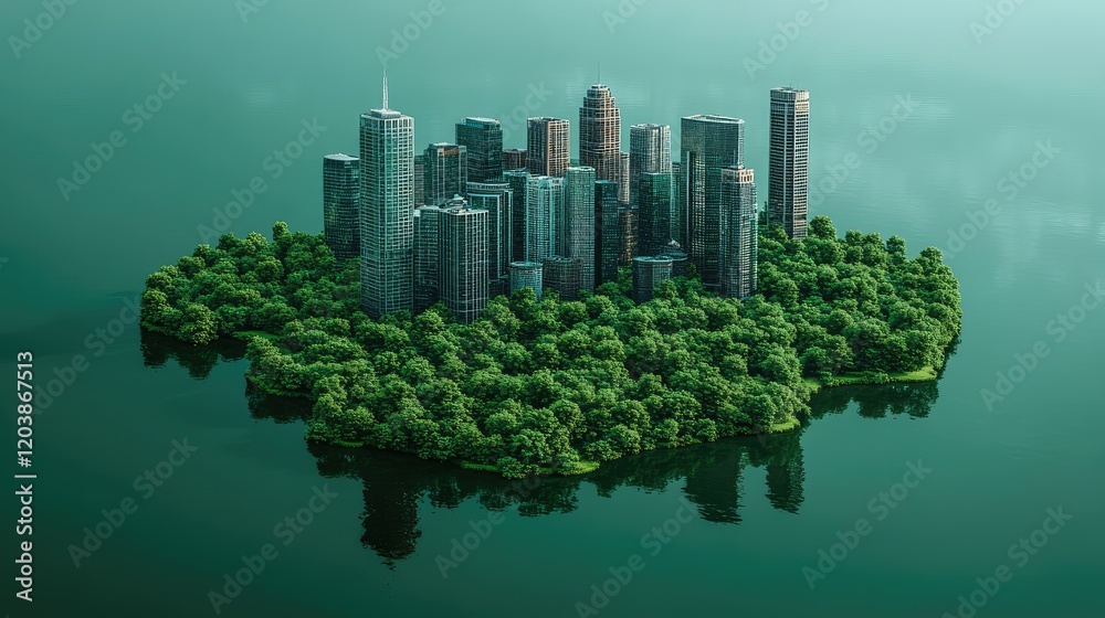 Fototapeta premium A serene island cityscape featuring modern skyscrapers surrounded by lush greenery and water