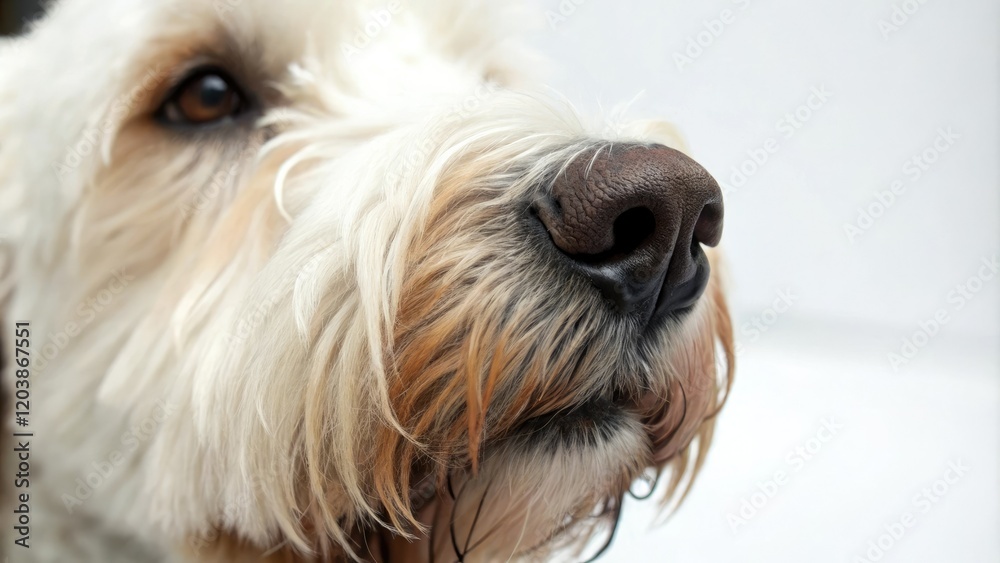 Close-up of white and brown Irsh Soft Coated Wheaten Terrier nose, brown fur, close up, whiten, sniffing Close-up of white and brown Irsh Soft Coated Wheaten Terrier nose, brown fur, close up, whiten, sniffing