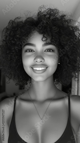 Young woman with curly hair and natural makeup poses for a close-up portrait ...