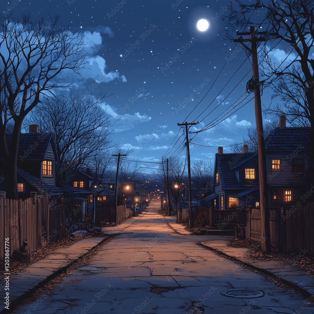 Obraz premium Quiet Night on a Residential Street Under Full Moonlight