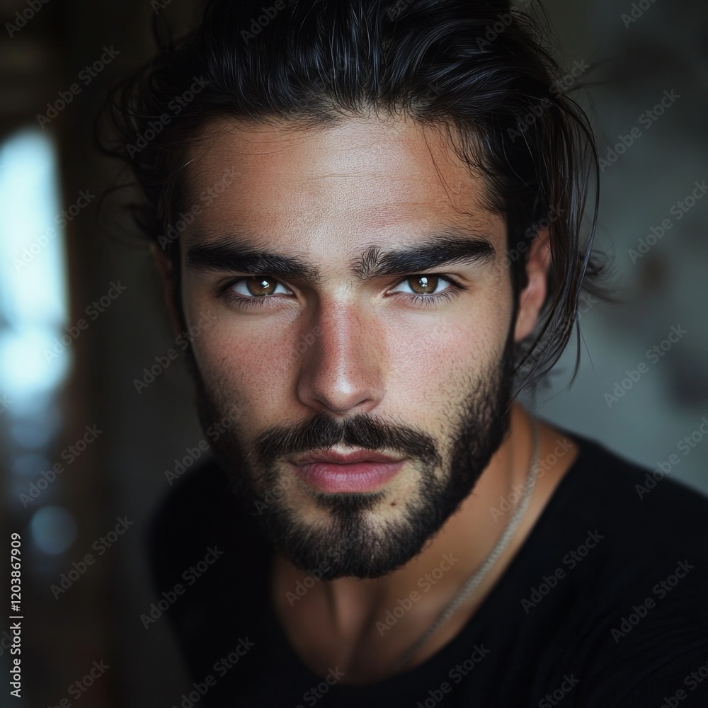 Man with Dark Hair and Beard Portrait in Soft Light Closeup Looking at Camera With Chain Necklace Man with Dark Hair and Beard Portrait in Soft Light Closeup Looking at Camera With Chain Necklace