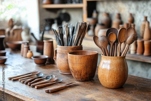 Wooden utensils arranged in a ceramic cup on a rustic kitchen counter
