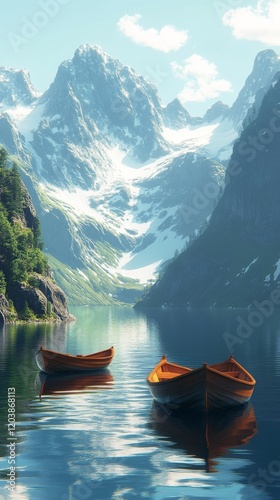 Scenic lake with wooden boats under majestic mountains in bright sunlight
