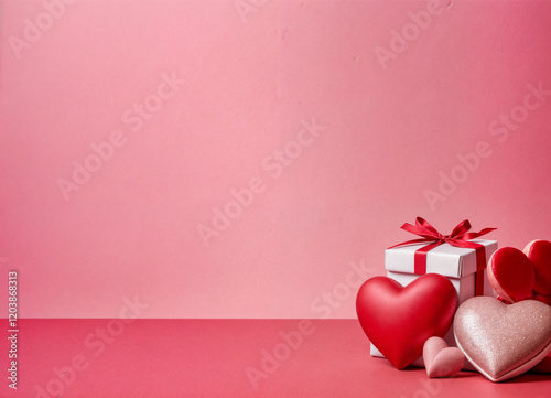 A charming collection of Valentine's Day-themed images featuring red hearts, beautifully wrapped gift boxes, and romantic decor on a pink backdrop, perfect for celebrating love and special occasions.