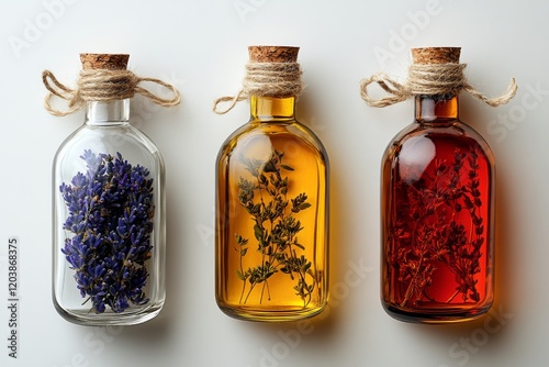 Three glass bottles containing herbal infusions with vibrant colors on a ligh...