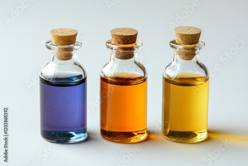 Three glass bottles containing herbal infusions with vibrant colors on a ligh...